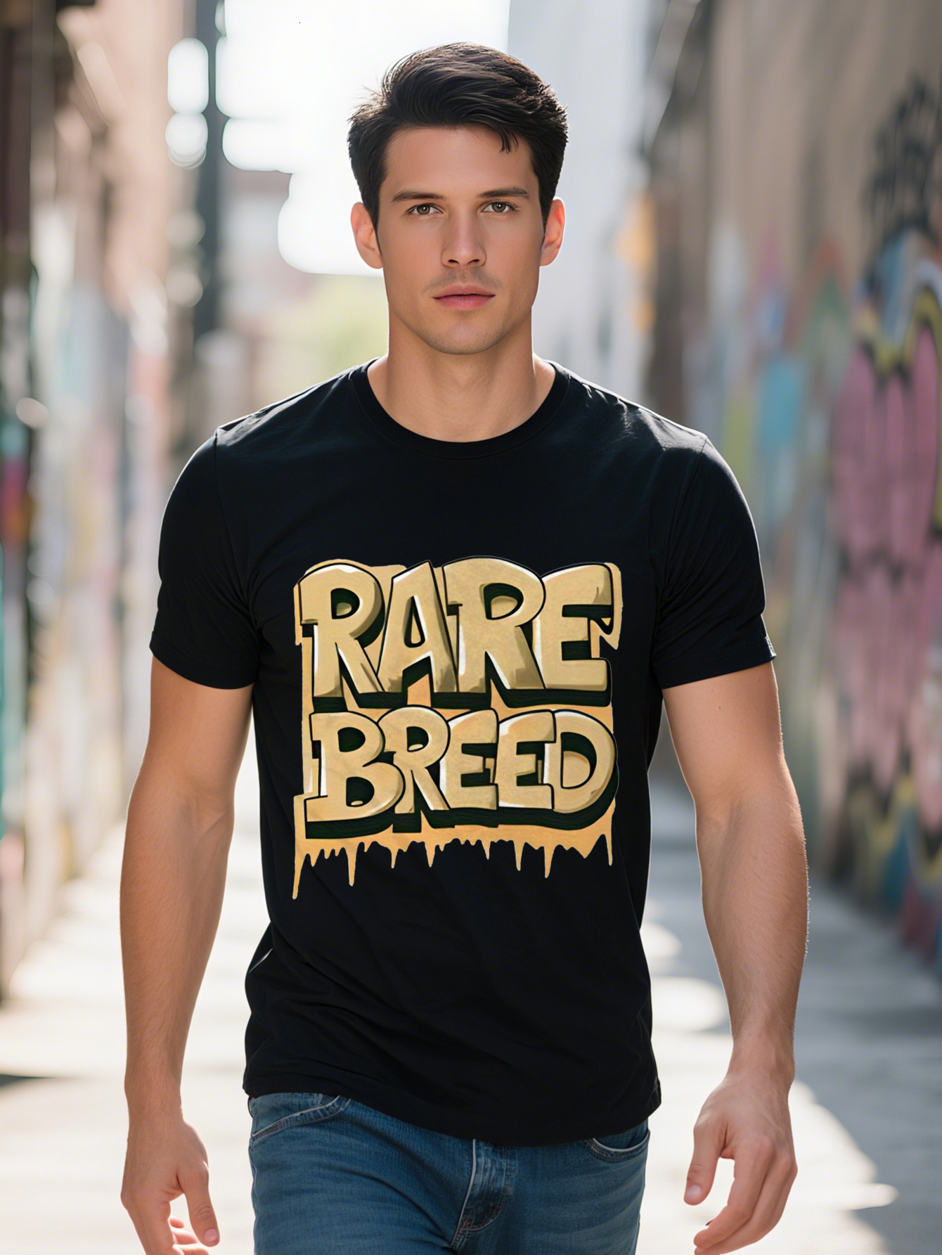 RARE BREED Graffiti Style Chic Men's Crew Neck Short Sleeve Tee Summer Fashion T-shirt for Daily and Fitness Wear