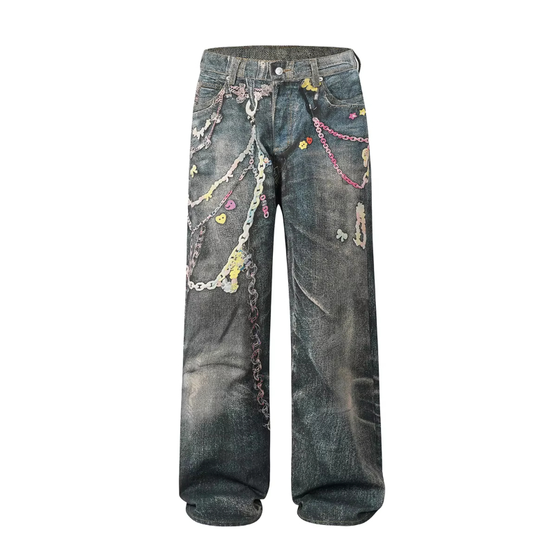 MIJKO Vintage 3D Print Color Chain Washed Baggy Jeans for Men and Women Straight Harajuku Loose Denim Trousers Oversized Cargo Pants