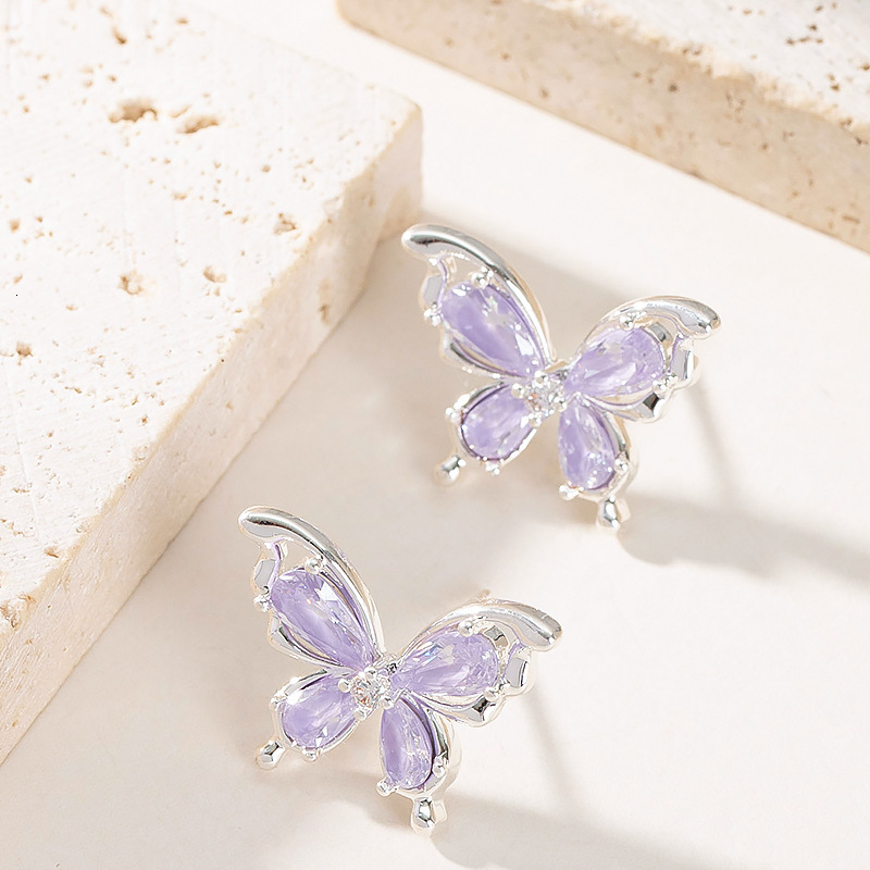 Sier Needle Sweet Versatile Fresh Ice Crystal Zircon Butterfly for Women High-end Light Niche Minimalist Style Earrings