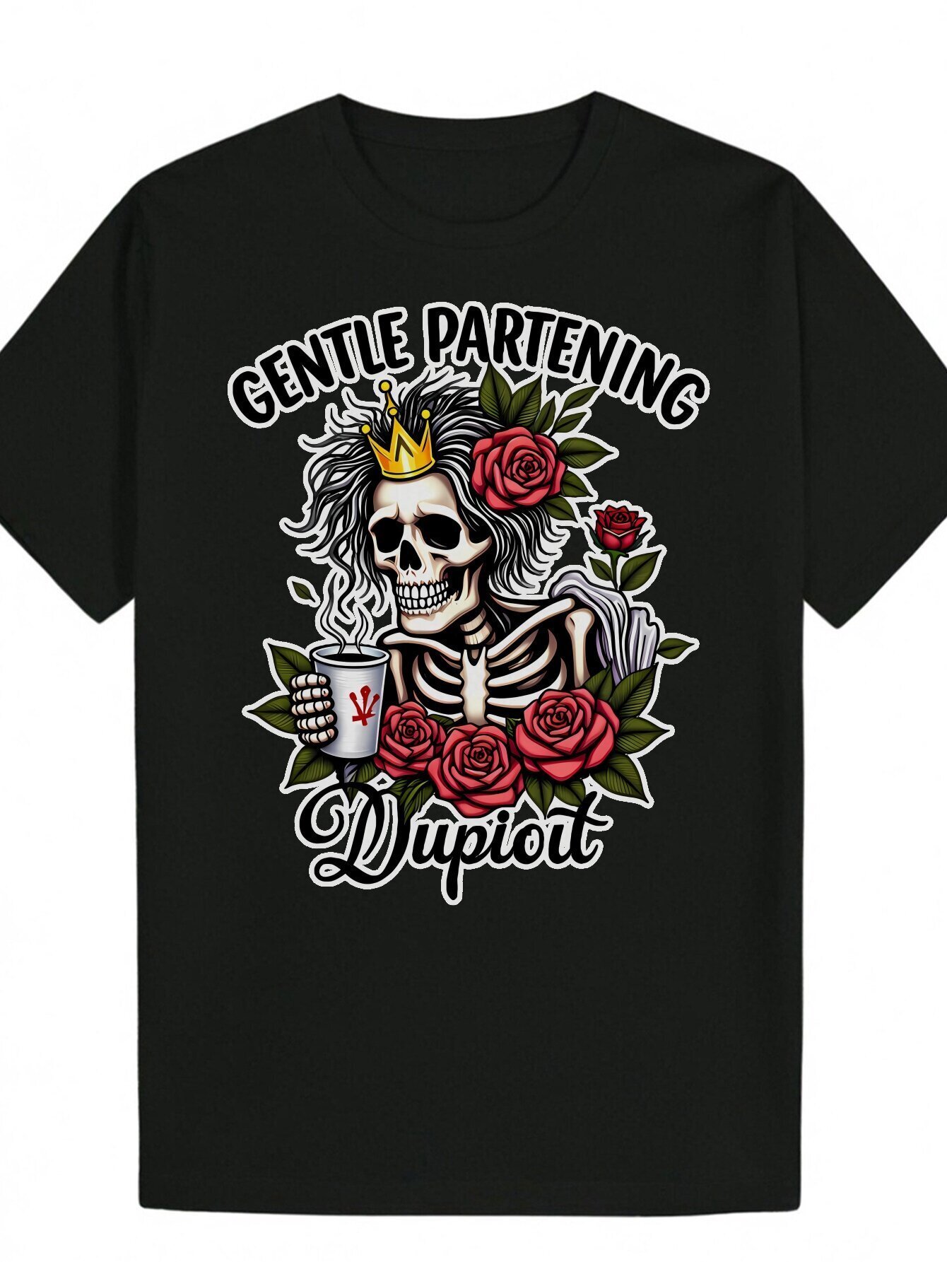 Piece Men s Summer Round Neck Lightweight Polyester Fiber Skull Design with Red Rose Casual Wear Washable Black Machine Top Pattern Printed