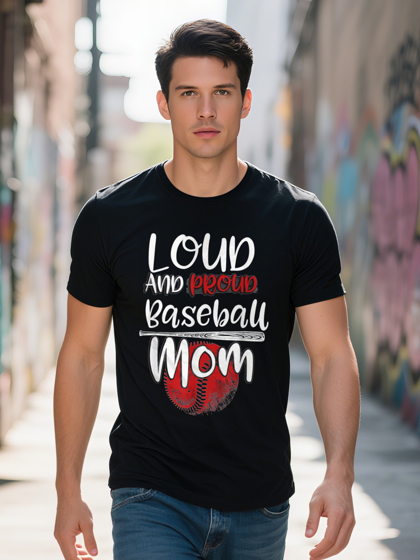 Loud and Proud Mom Graphic T-Shirt Cotton Black with White Red Design Casual Crew Neck Perfect Gift for