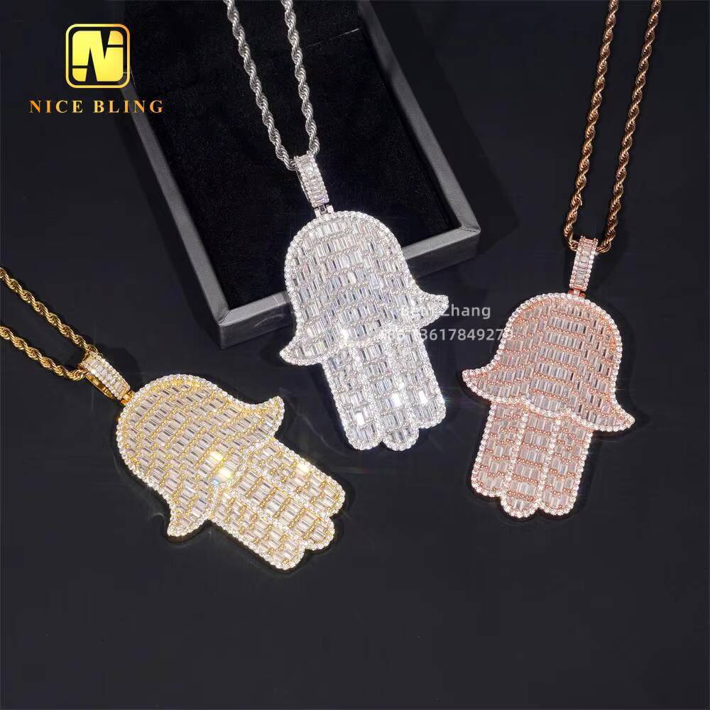 3Inch Hand Shaped Pendant Hip Hop Baguette Cut CZ Diamond Iced Out Hamsa Hand Pendant Men Brass Jewelry
