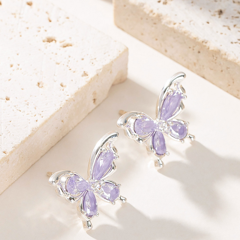 Sier Needle Sweet Versatile Fresh Ice Crystal Zircon Butterfly for Women High-end Light Niche Minimalist Style Earrings