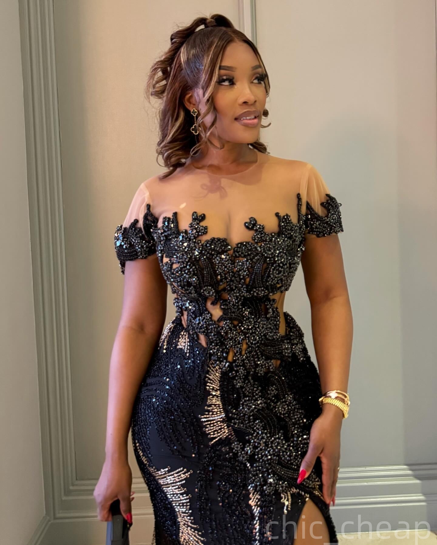 Mermaid Black Prom Dresses 2025 Sequined Lace Crystals High Split Evening Formal Party Second Birthday Engagement Gowns Plus Size Dress For Special Oc