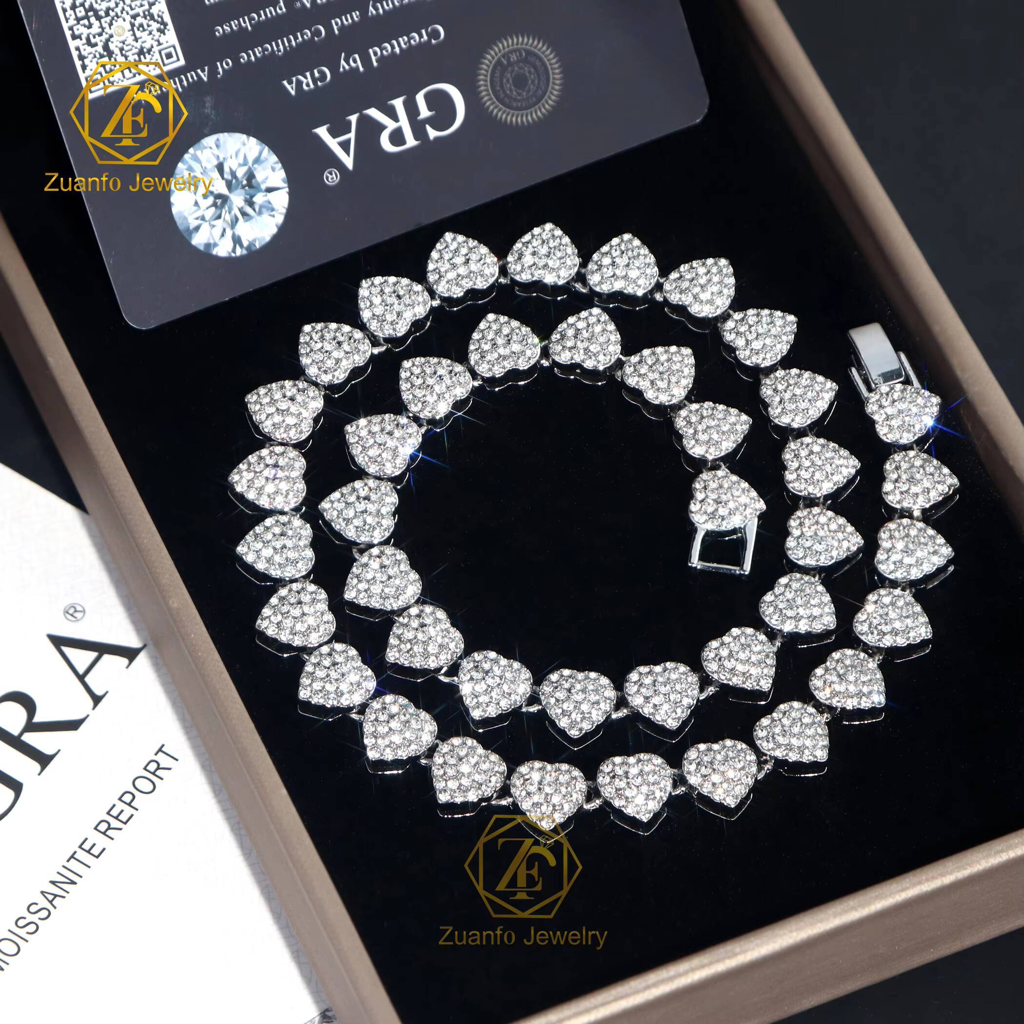 Luxury Fine Jewelry Love Heart Shape Moissanite Necklace Micro Pave Moissanite Diamond Hiphop Cuban Tennis Chain for Party Gifts