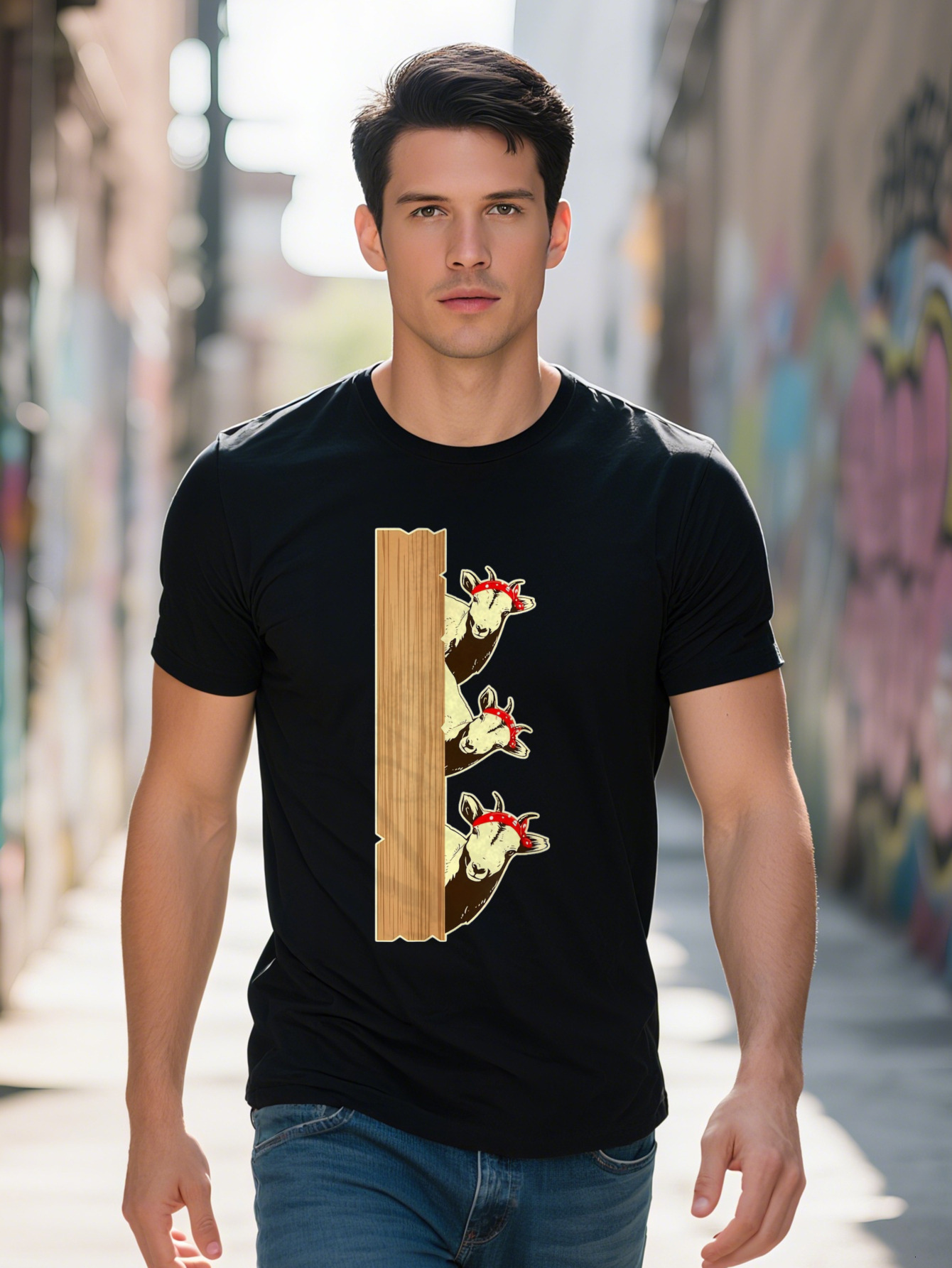 Men s Cotton T Shirt with Funny Goat Design Black Farm Animal Lover Gift Short Sleeve Round Neck Tee for Casual