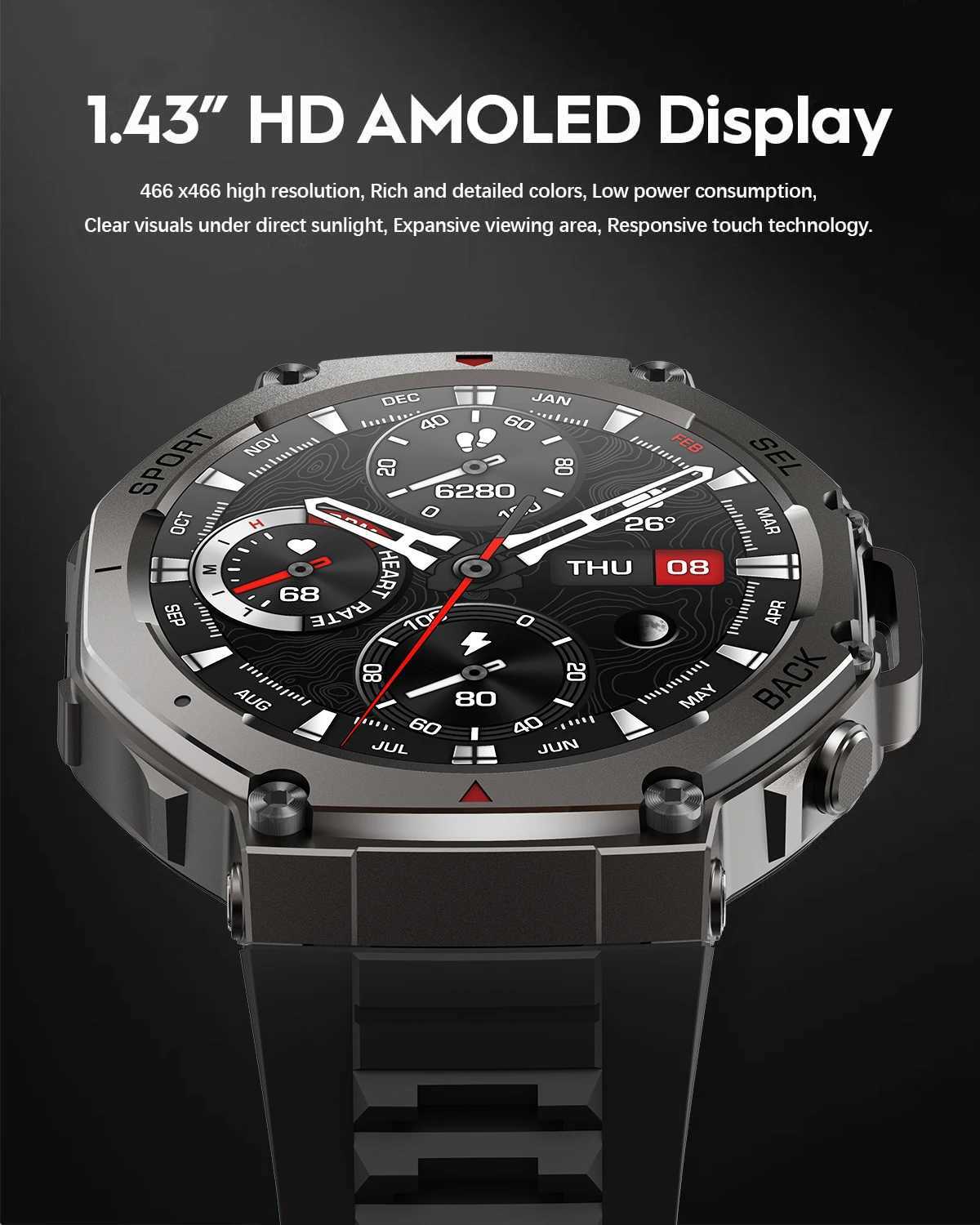 T-Rex 3 tra Built-in Dual-band GPS Smartwatch 5ATM Waterproof 48mm AMOLED Cpass 170+ Sport Durable Military Smart Watch 2025 Y250802