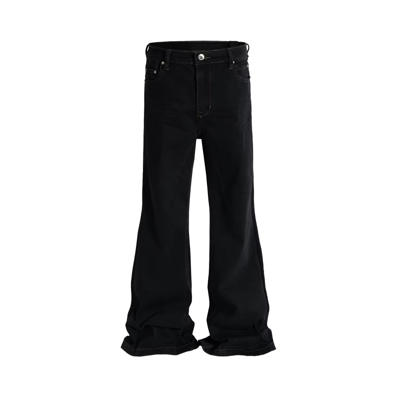 MIJKO RO Style Ribbons slightly Stretch Baggy Flared Jeans for Men High Street Black Color Boom Cut Oversized Casual Denim Trousers