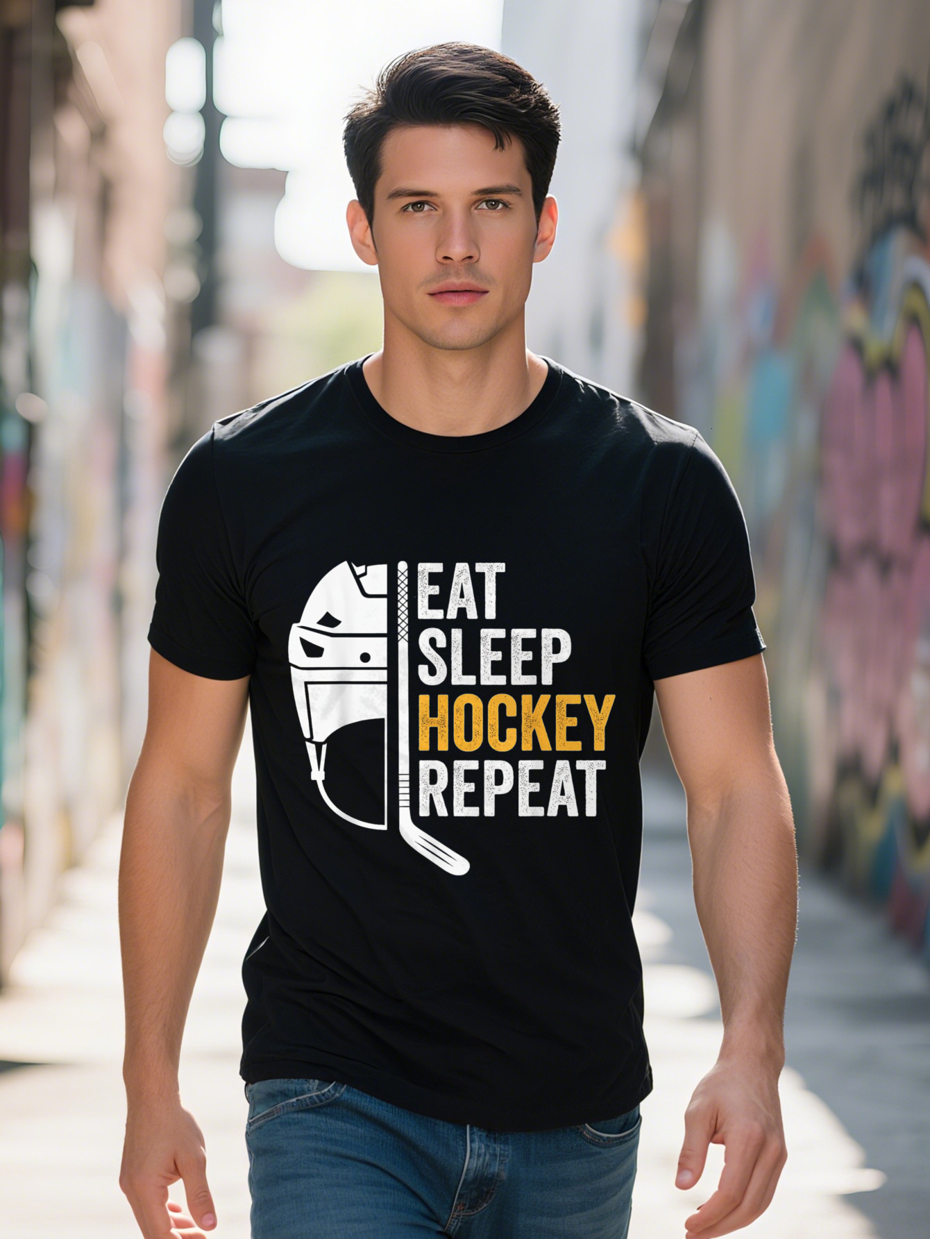 Men s Eat Sleep Repeat Vintage T Shirt Cotton Short Sleeve Crew Neck Ice Hockey Graphic Casual Wear