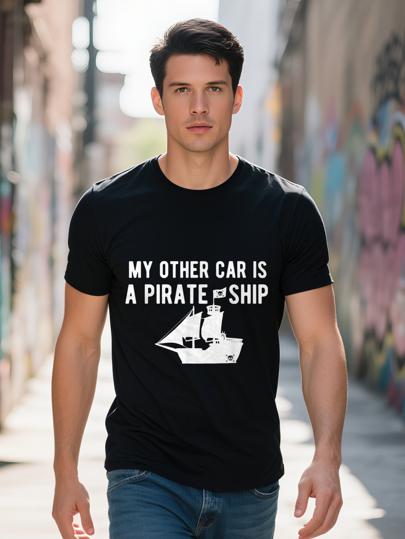 Men s Funny Graphic T Shirt My Other Car is a Pirate Ship Design Cotton Black with White Print Crew Neck Tee