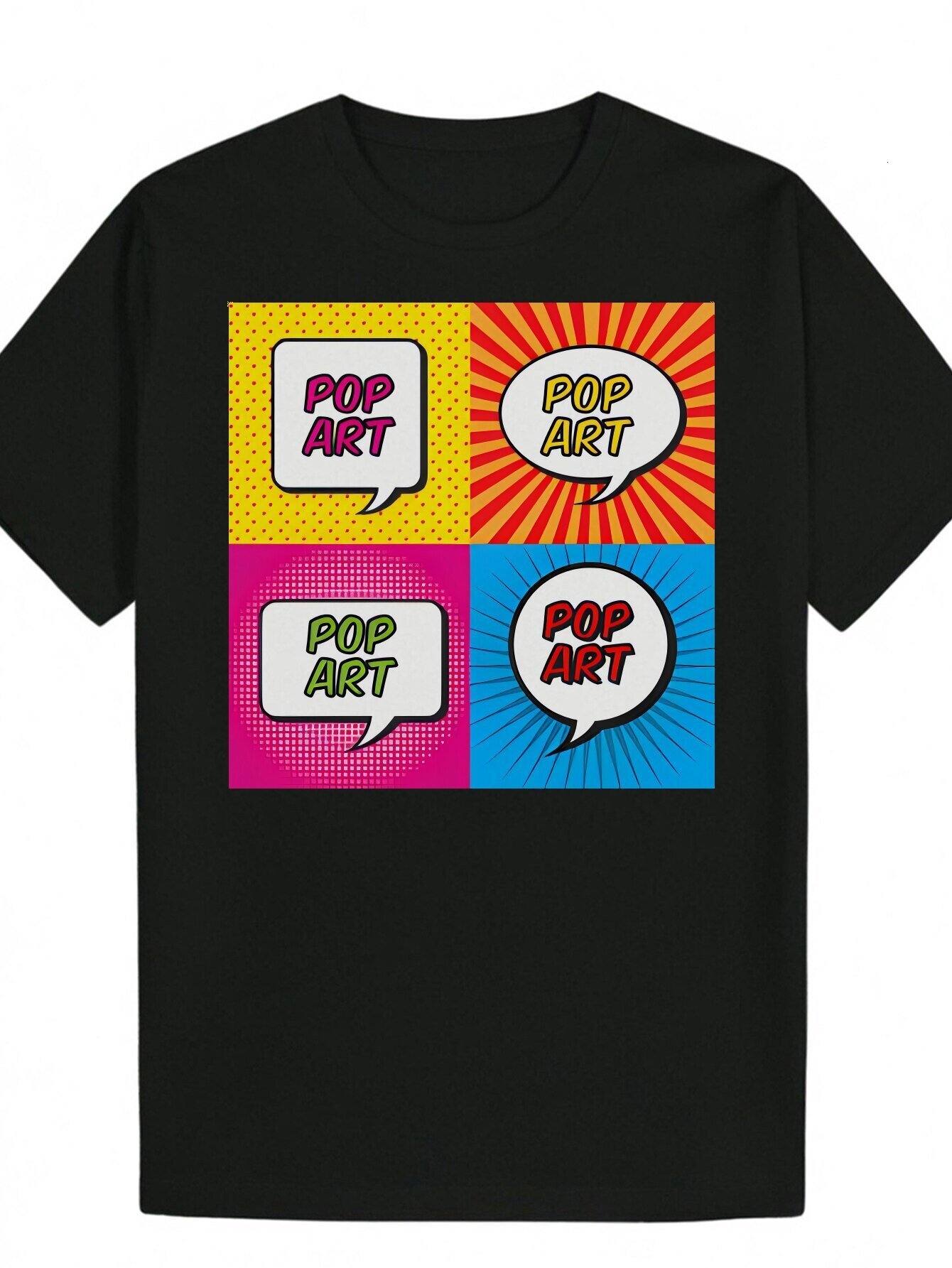 Men's Pop Art Pattern T-Shirt - Black Summer Round Neck Polyester T-Shirt, Fonts and Colorful Design, Artistic Casual Bold Font Shirt | Smooth te