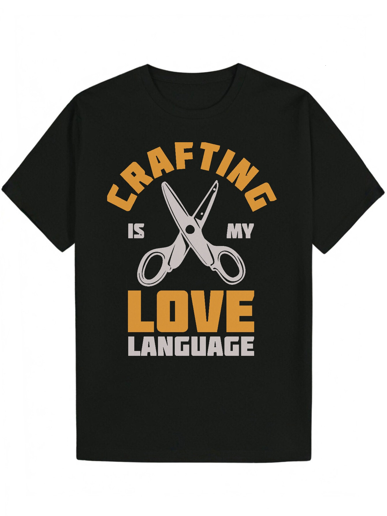 Men's Summer Casual Pattern - "Craft Is My Love Language" Design, Black Polyester Crew Neck T-Shirt with Scissors and Thread Illustrati