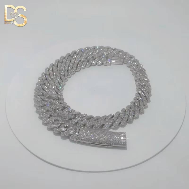 Factory Wholesale Hip Hop Fashion 12mm Width S925 Sterling Silver Plated Moissanite Cuban Chain Necklace