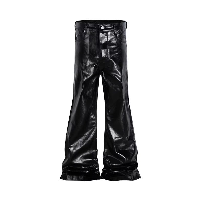 MIJKO High Street Wide Leg Glossy Pu Leather Pants Sashes Boot Cut Men and Wome Straight Baggy Casual Jeans Oversized Flared Trousers
