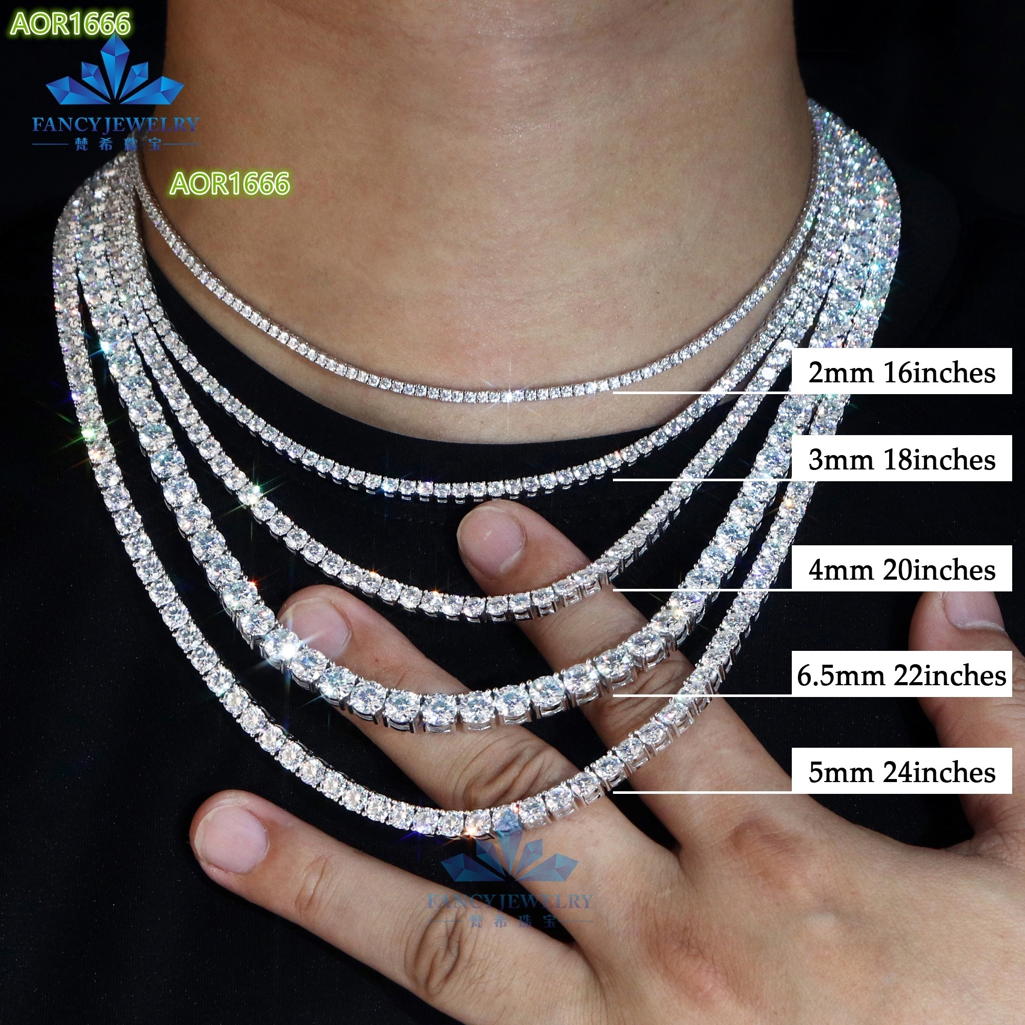 Fine Jewelry Hip Hop 925 Sterling Silver VVS 2mm 3mm Moissanite Necklace Cluster Iced Out Moissanite Tennis Chain for Men Women