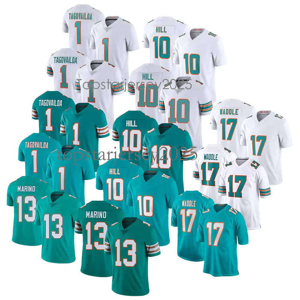 2025 Mens Miami Football Jerseys 10 Tyreek Hill 1 Tua Tagovailoa 17 Jaylen Waddle 13 Dan Marino Player Game Jersey Customizable