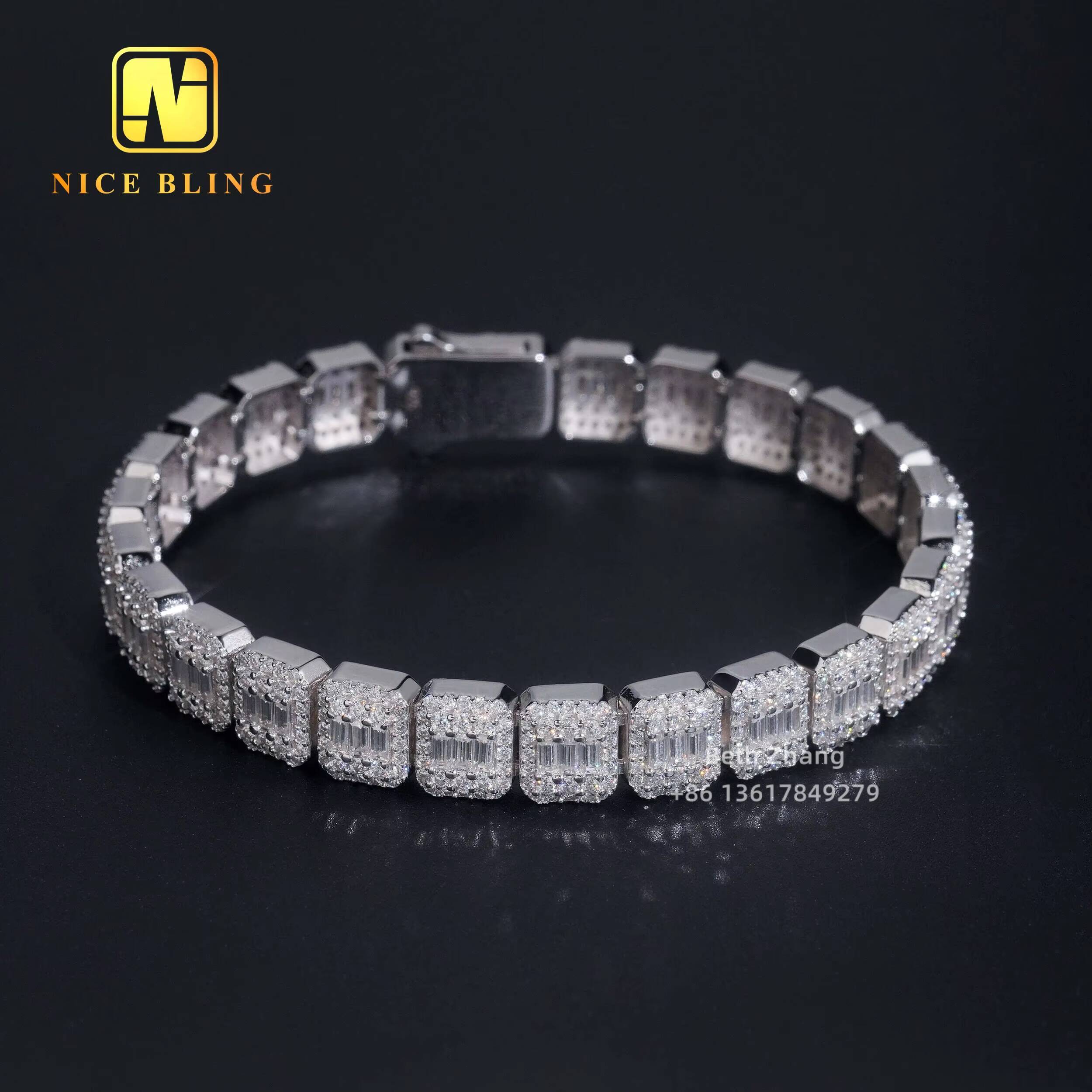 Baguette Moissanite Cuban Bracelet Fashion Hip Hop Iced Out Jewelry 9mm VVS Moissanite Diamond Cuban Link Chain Bracelet for Men