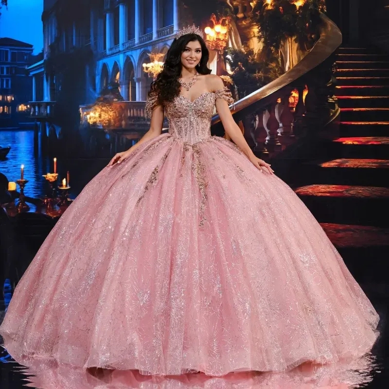 Pink Shiny Quinceanera Dresses Sequin Appliques Lace Glitter Ball Gowns Tull Off-shoulder Vestidos De 15 Anos Birthday Party Sweet 16 Dress