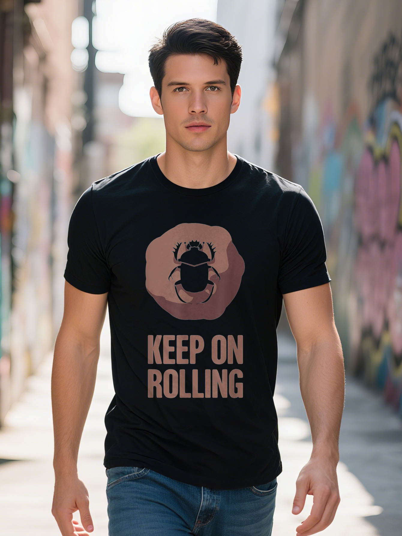 Men s Cotton T Shirt with Dung Beetle Graphic Keep on Rolling Bug Insect Science Design Casual Black Crew Neck