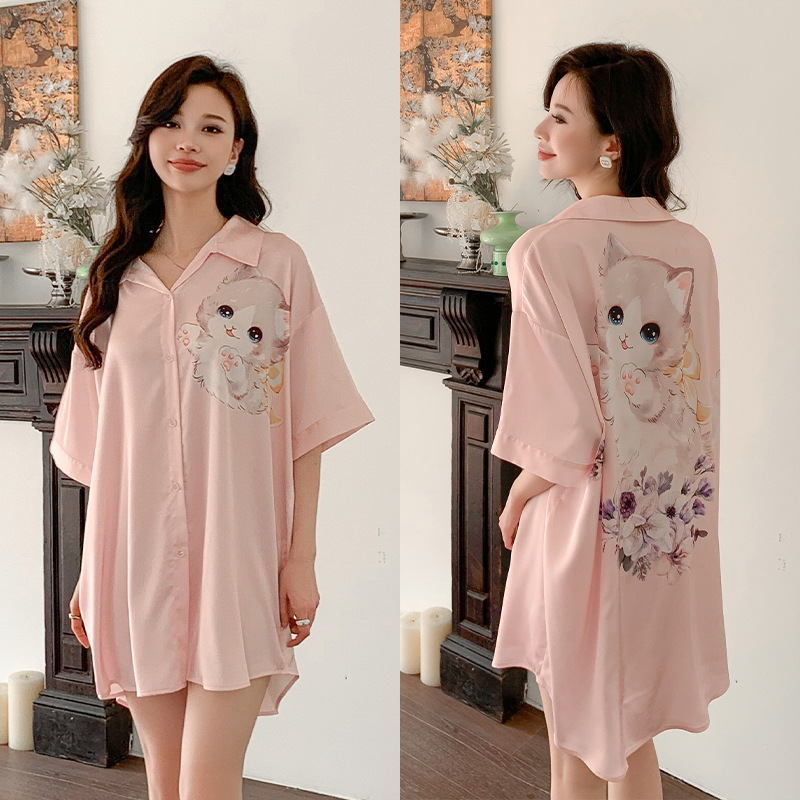 Outfits For Woman New style ice silk cardigan with turned-up collar nightgown for women loose silk home clothes