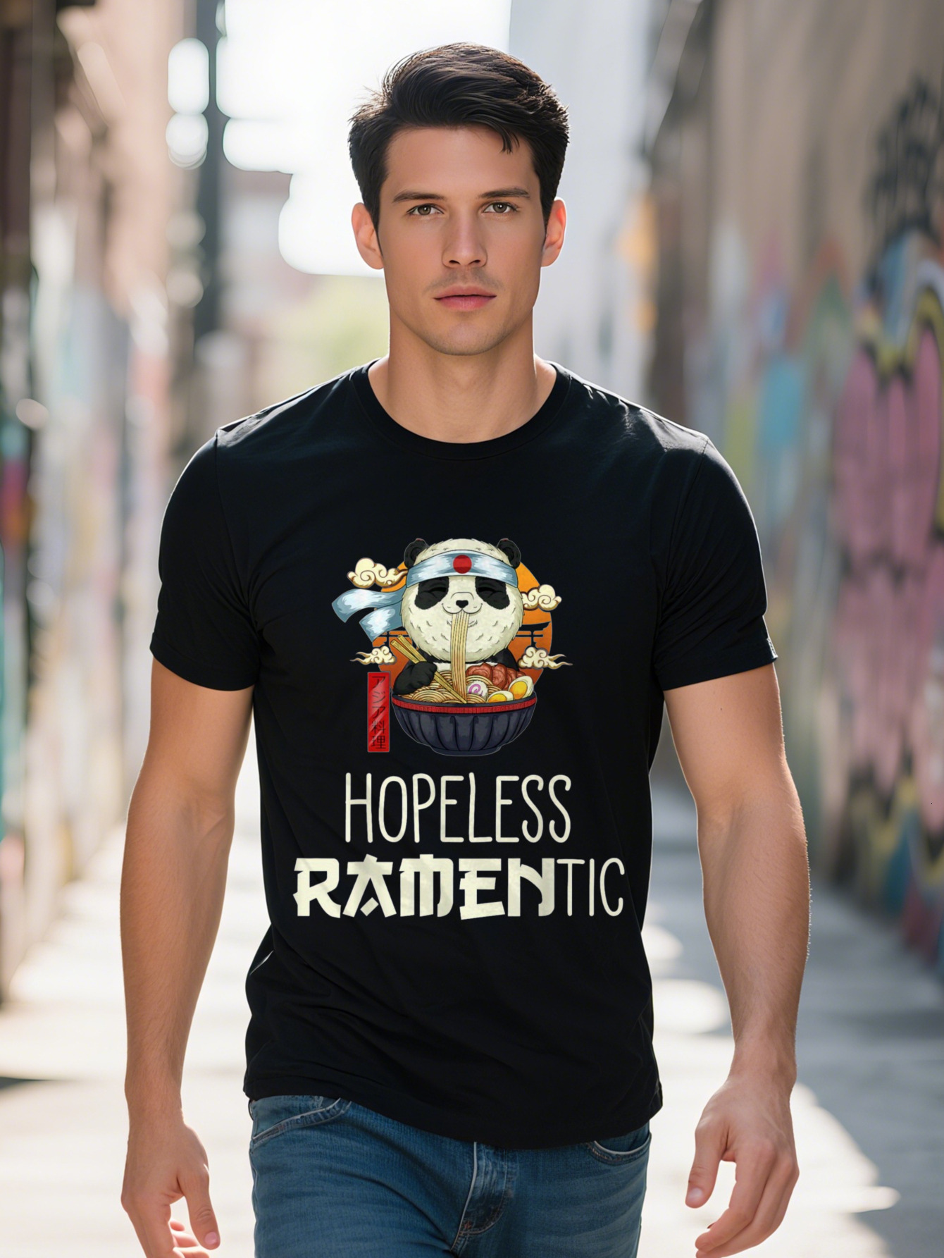Men s Hopeless Panda Graphic T Shirt Cotton Funny Cartoon Design Fit Short Sleeve Black with White Print