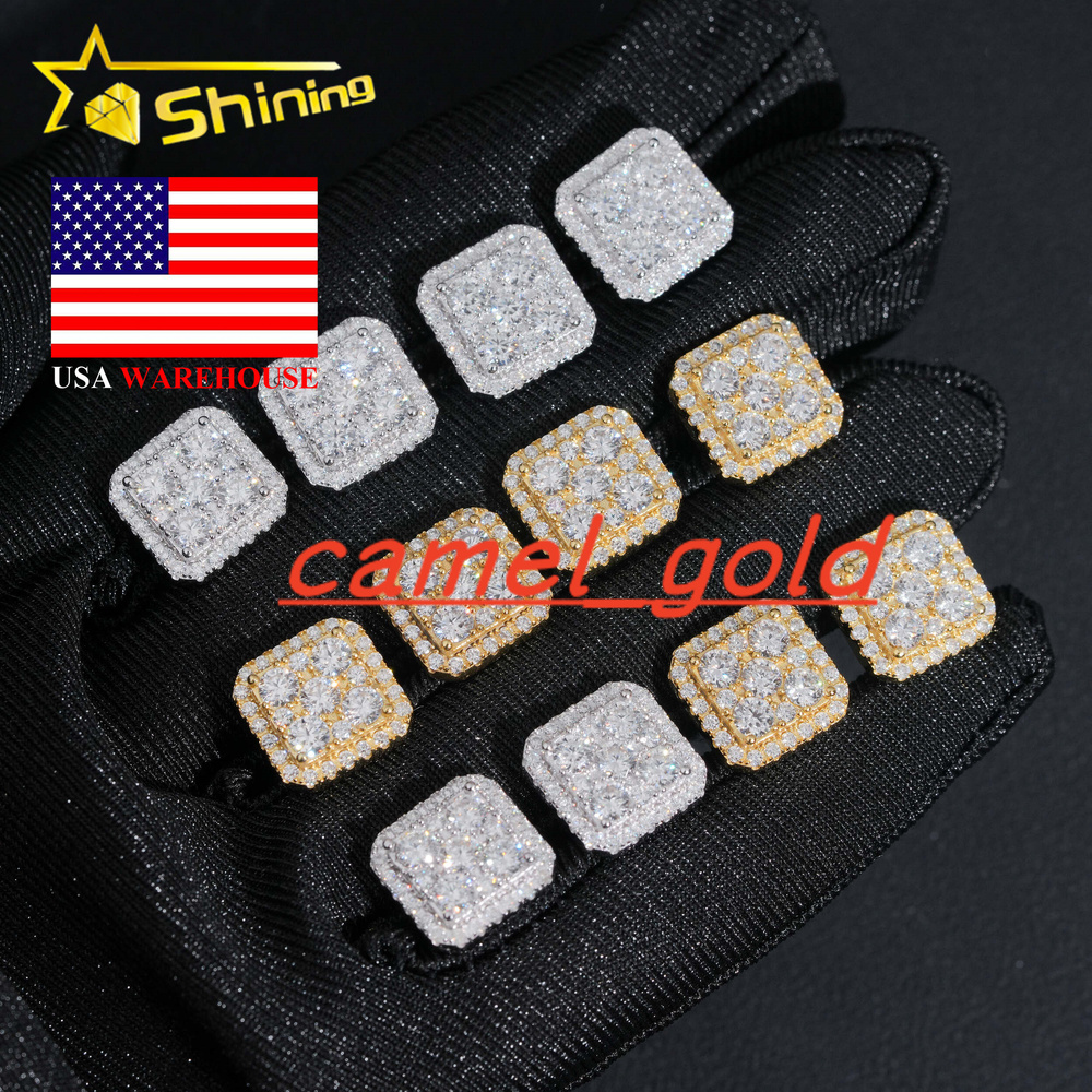 USA Warehouse Fast Shipping Square Shape 11mm Sparkling Moissanite 925 Sterling Silver Gold Plated Screw Back Stud Earring