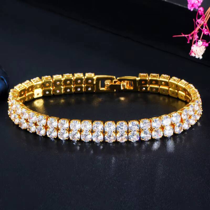High Quality Dubai Gold 2 Row Iced Out Bling Round Cubic Zirconia Engagement Tennis Bracelet for Women Men Hiphop Bijoux Jewelry