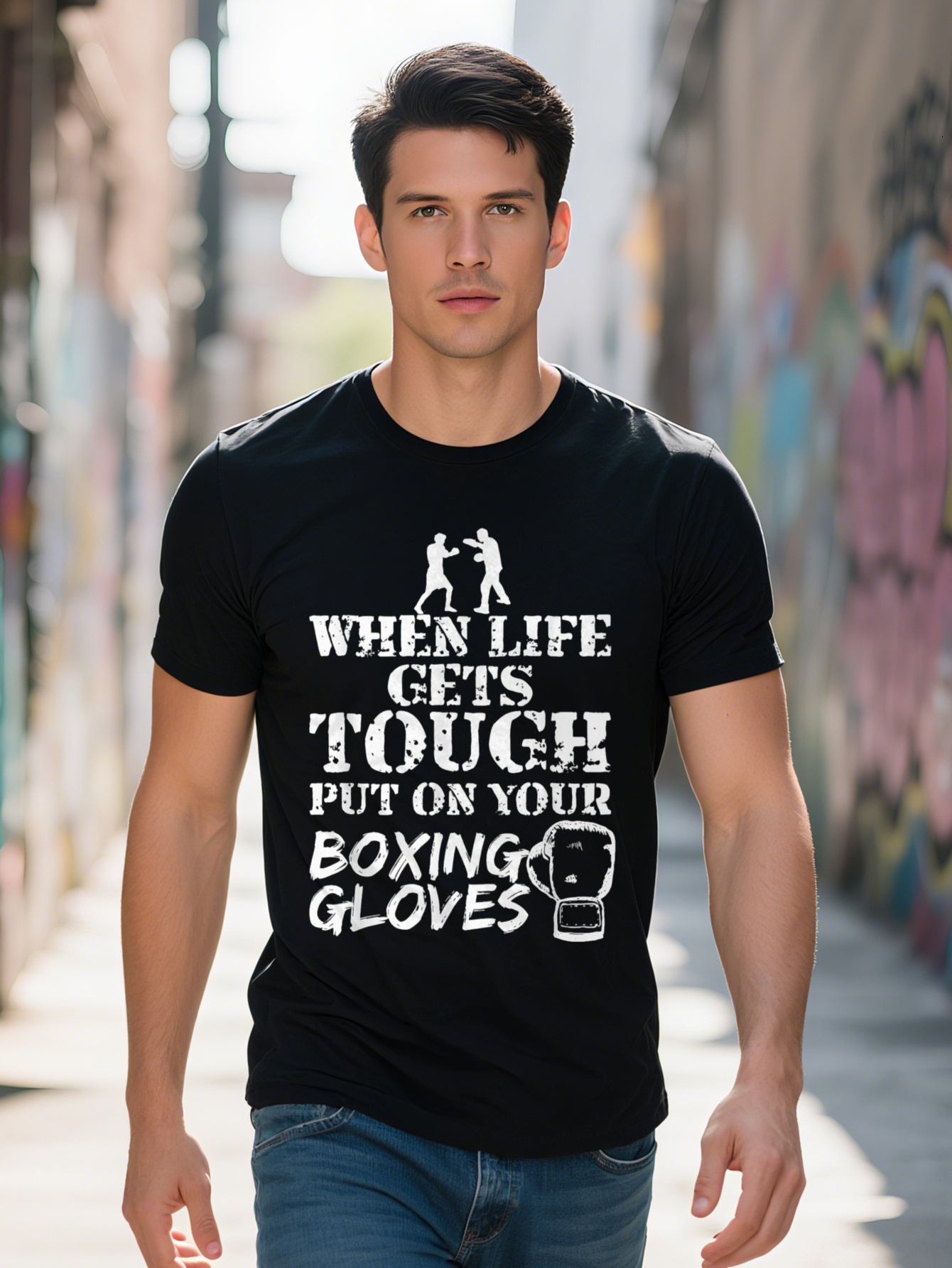100% Cotton Men's Round Neck Short Sleeve 'When Life Gets Tough, Put On Your Boxing Gloves' Graphic Machine Washable and Dry Cleanable 
