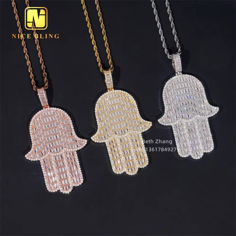 3Inch Hand Shaped Pendant Hip Hop Baguette Cut CZ Diamond Iced Out Hamsa Hand Pendant Men Brass Jewelry
