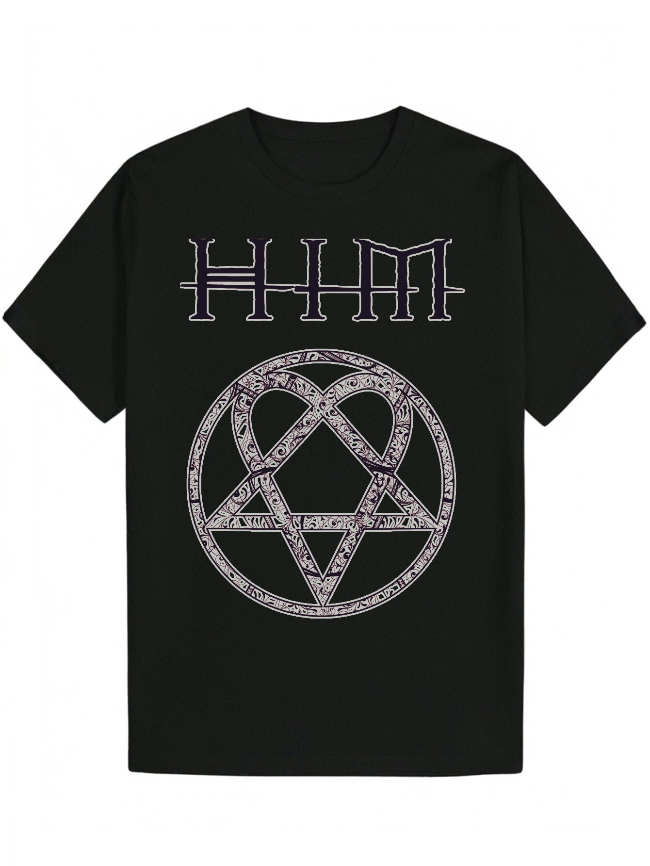 Men's Summer Pattern T-Shirt - Black Mysterious Pentagram and HMM Gothic Font Design, 100% Polyester, Machine Washable, Suitable for Casual Wear