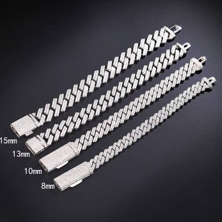 Hip Hop Clasp 8/10/13/15mm 2rows Pass Diamond test Moissanite Cuban Link Chains 925 Sterling Silver Iced Out Chains Bracelet