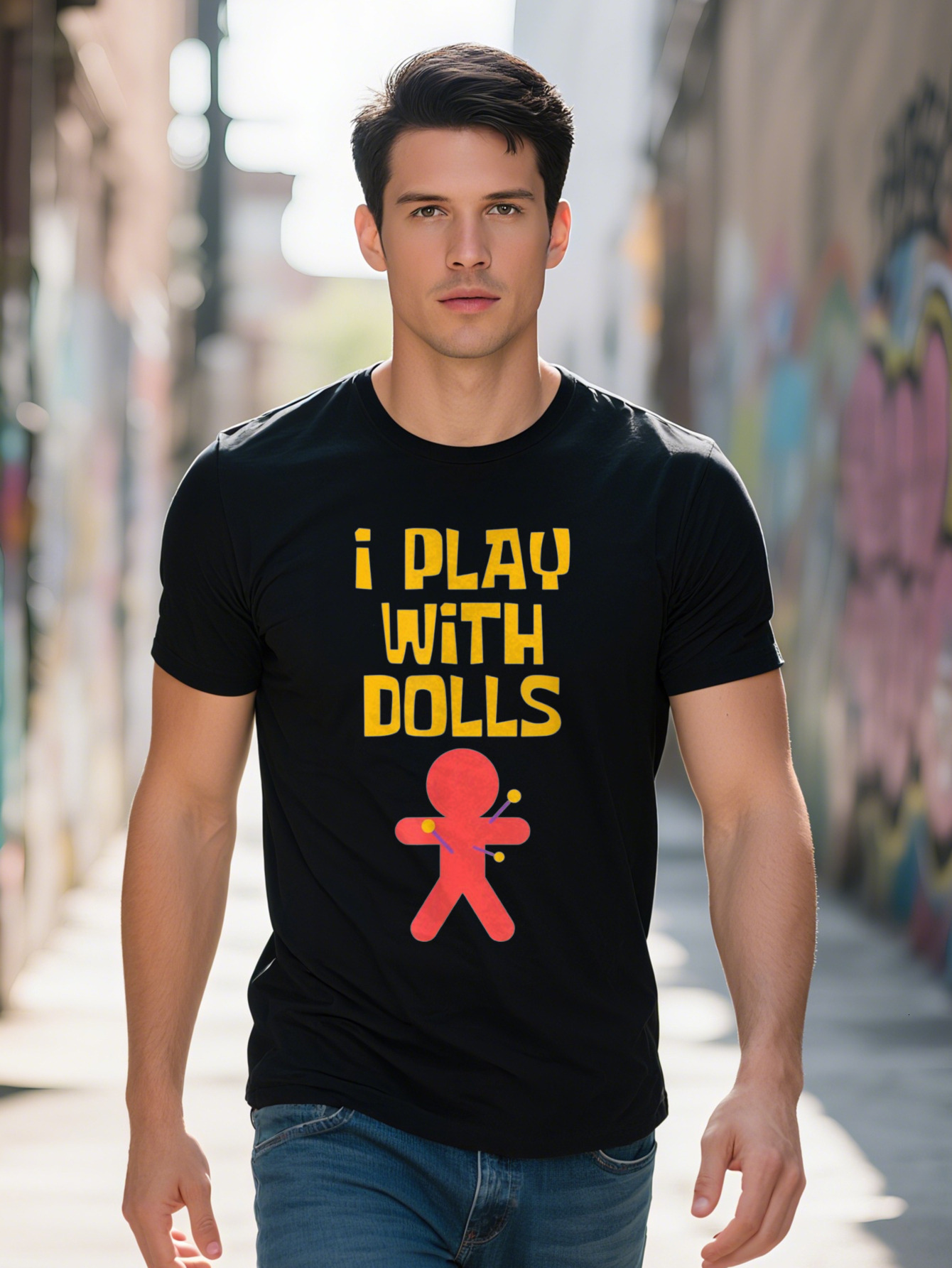 30 Halloween I Play Dolls Graphic T Shirt Cotton Black with Yellow Print Crew Neck Short Sleeve Fun Design