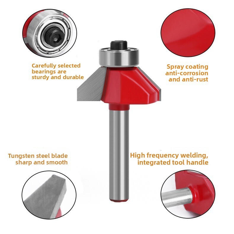 Red 45-Degree Bevel 1/4 6 Shank Half Round Relief Trimming hine Head Woodworking Milling Cutter