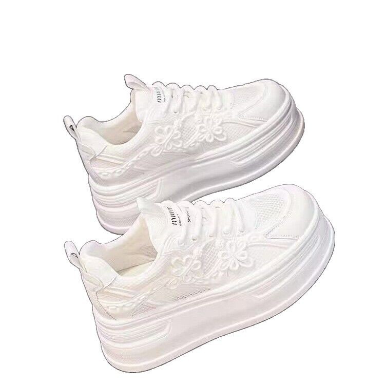 Breathable Genuine Leather White Sneakers for Women 2025 New Summer Thin Fashion Versatile Height-Increasing Thick-Soled Platform Mesh Shoes ddmythur