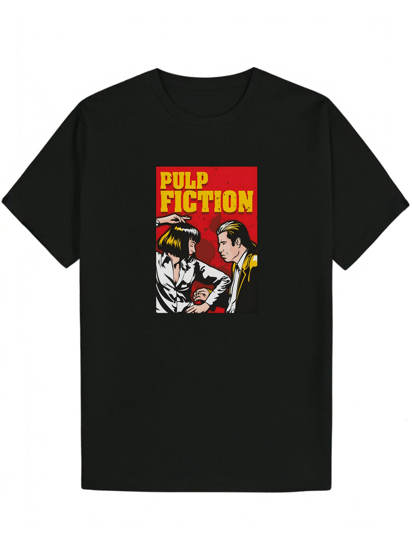 Men's Round Neck Polyester T-Shirt, Bold 'Pulp Fiction' Design - Black, Machine Washable, Regular Fit, Summer Casual Wear Pattern T-shi