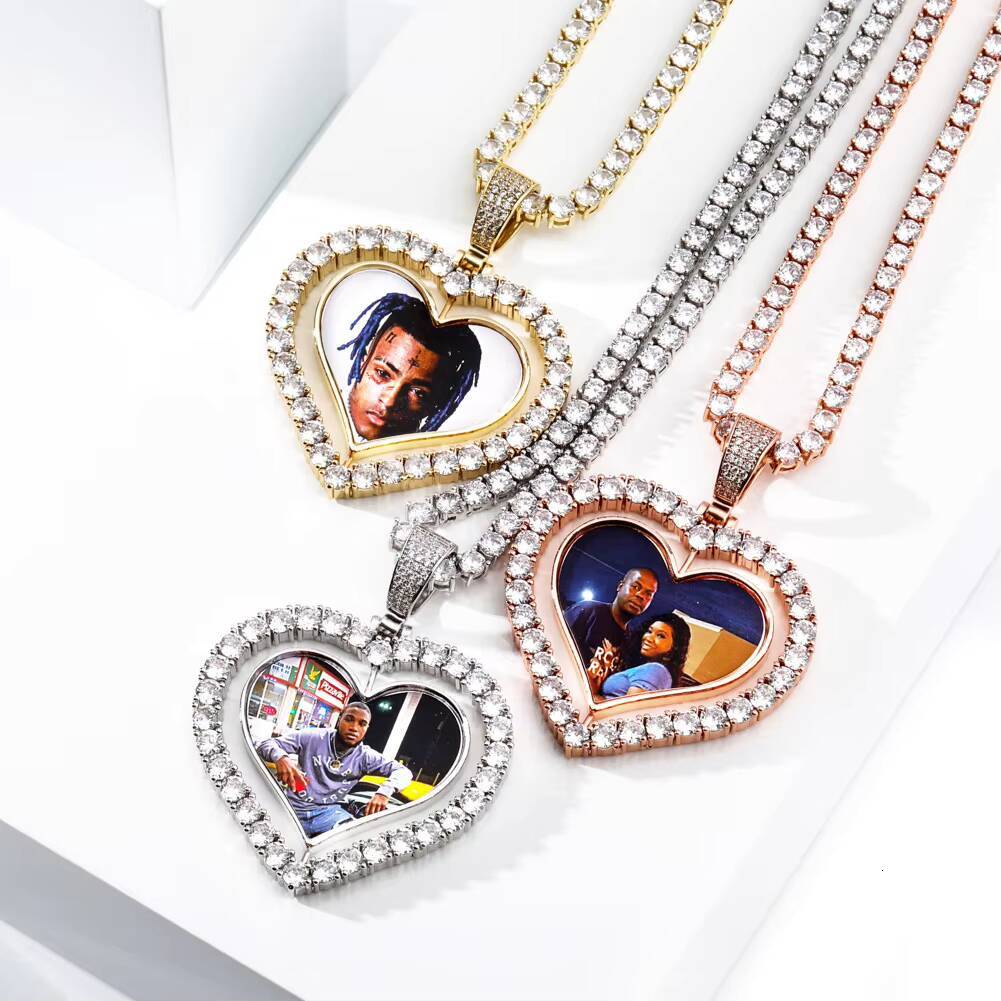 Fashion Hip Hop Memory Brass Zircon Rotatable Double Sided Heart Photo Pendant