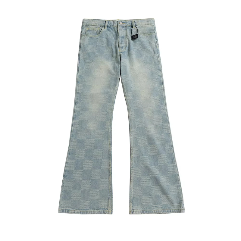 MIJKO High Street Checkered Micro Flared Jeans for Men Patchwork Straight Loose Boot Cut Oversized Casual Baggy Denim Trousers