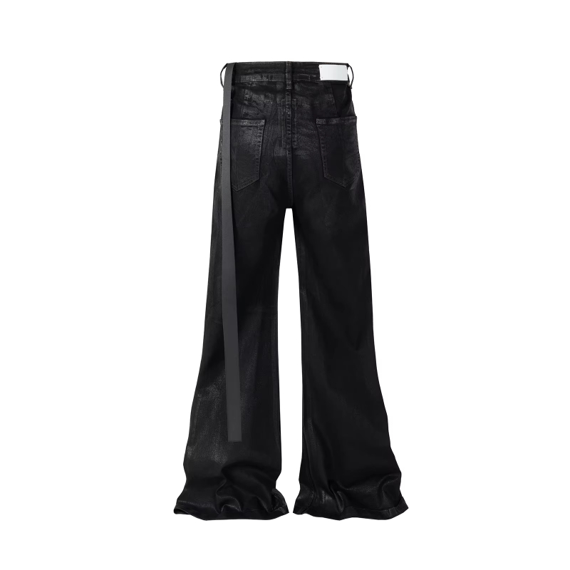 MIJKO Streetwear Black Wax Leather Strecth Jeans for Men Baggy Y2k Flare Pants Oversized Straight Denim Trousers