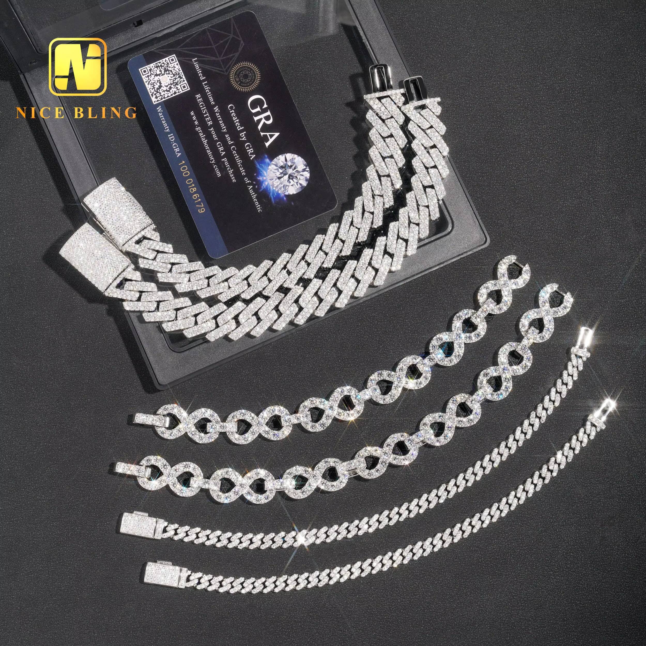 6mm 13mm 15mm Fashon Cuban Bracelets Iced Out Miami Cuban Link 925 Silver Moissanite Diamond Cuban Link Bracelets