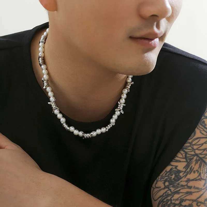 Fashion Metal Thorns Knot Pearl Choker Necklace For Women Men Punk Hip Hop White Imitation Pearl Beaded Necklace Jewelry Y250620