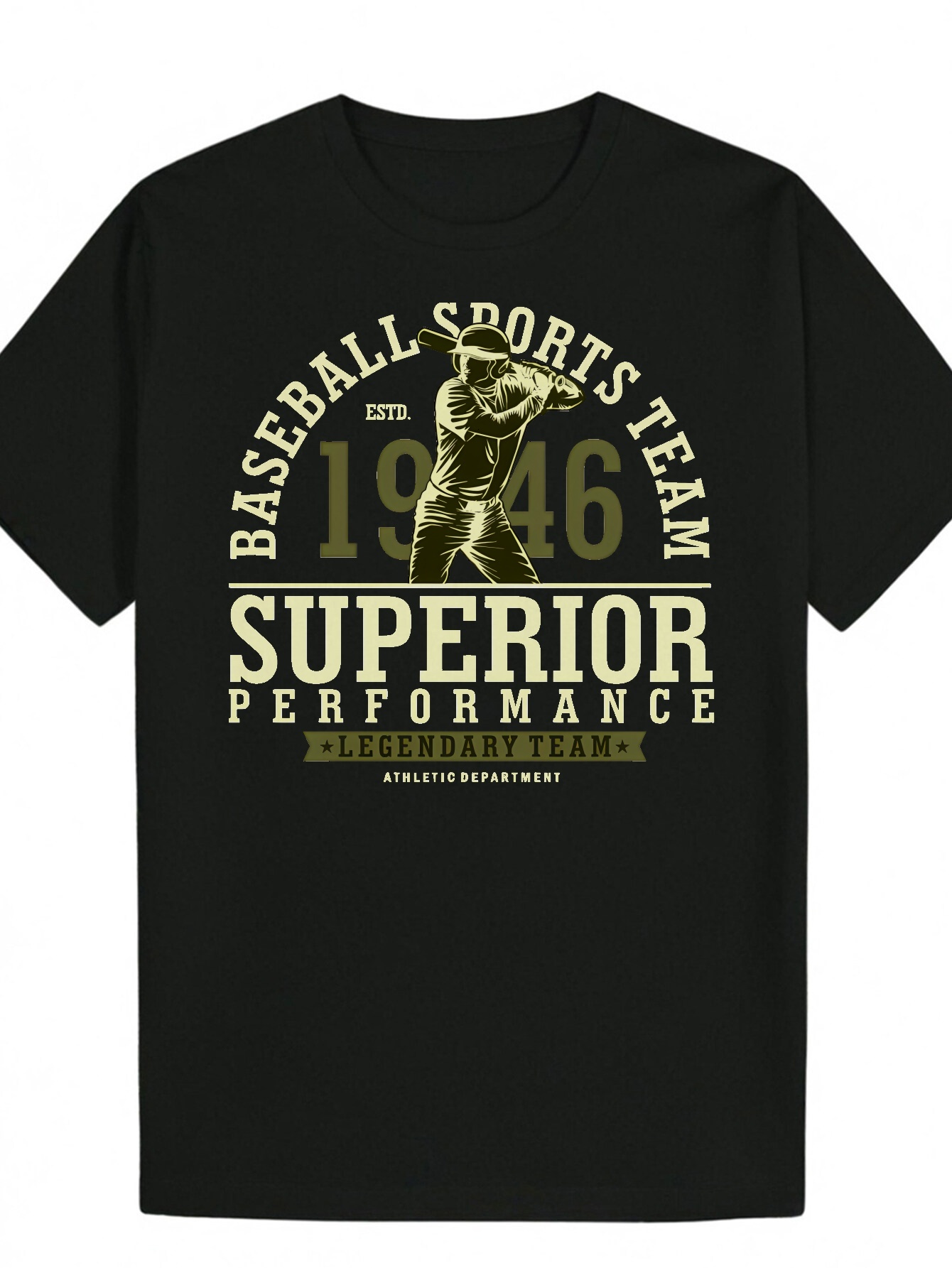 Men's Baseball Graphic T-Shirt - 1946 Premium Performance Design, Black Polyester Crew Neck T-Shirt, Summer Casual Wear