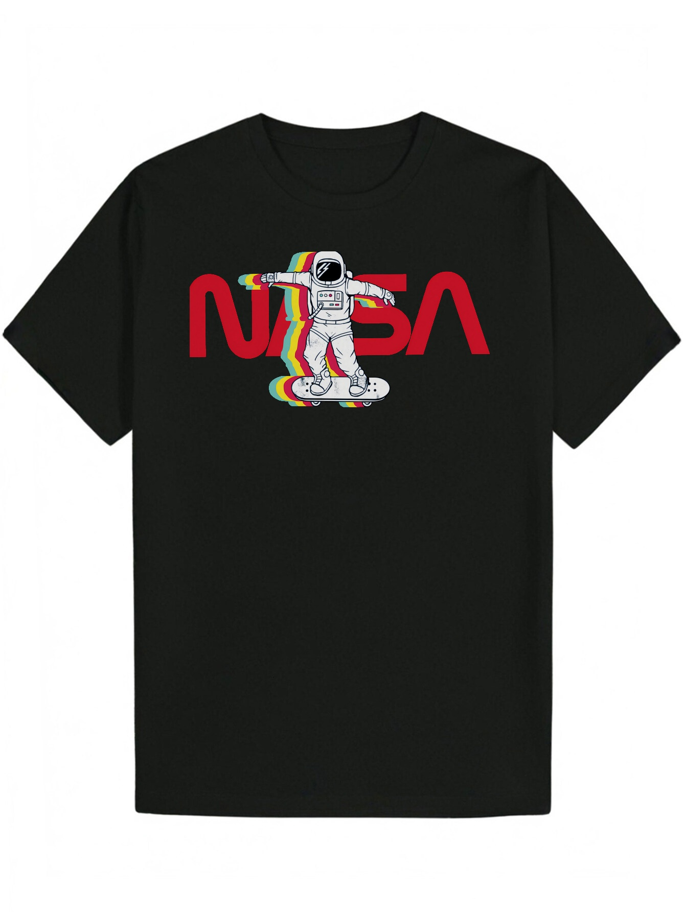 Men's NASA Graphic - Black Summer T-Shirt with and Rainbow Design, Crew Neck, Short Sleeve, Polyester, Astronaut Theme, Casual Wear|Playful Patte