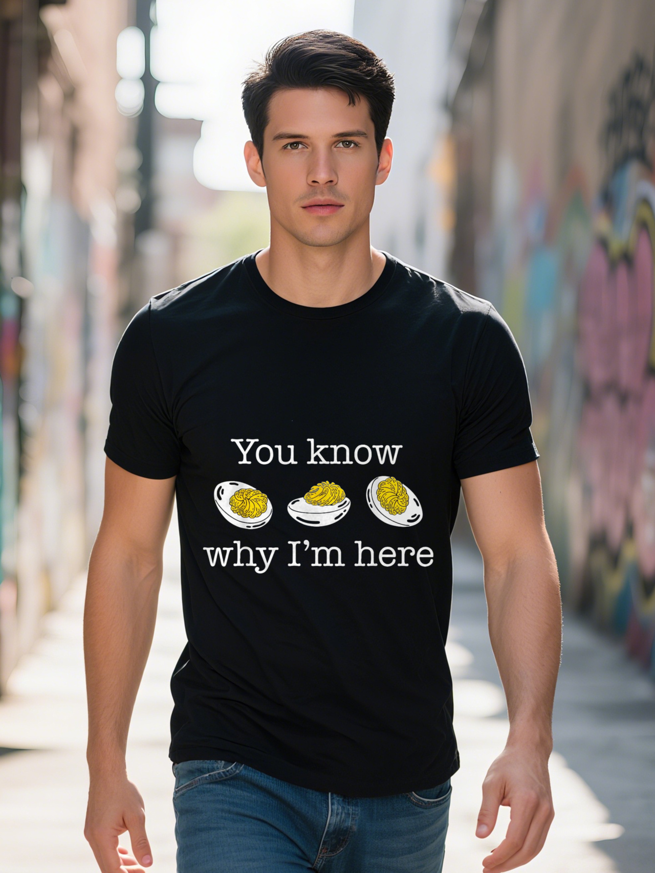 Men, you know why I'm here, egg pattern T-shirt - 100% cotton, short sleeve, black crew neck, casual and comfortable, suitable all seasons, perfe