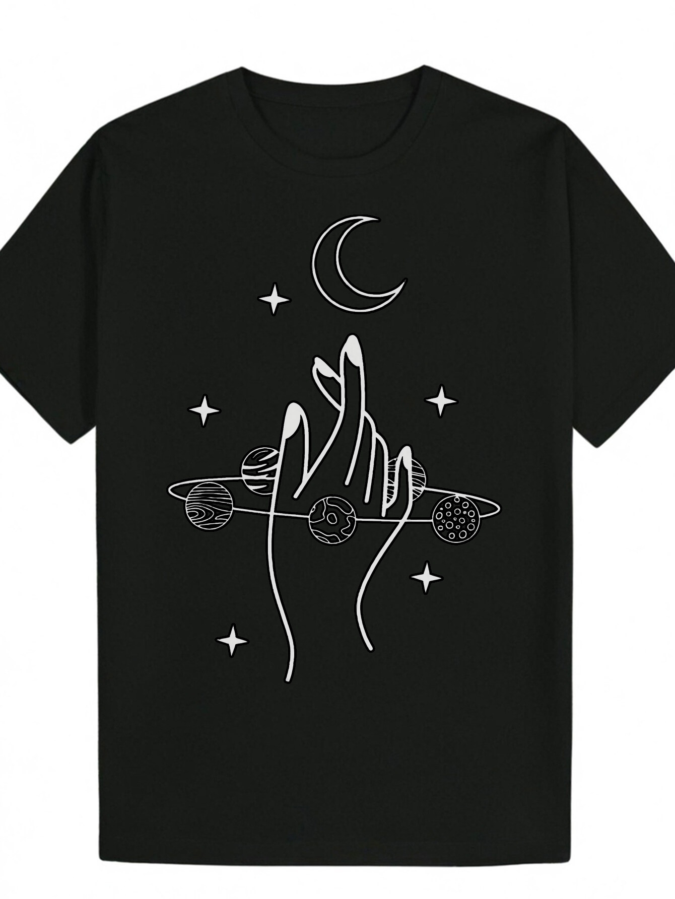 Men's Casual Round Neck Polyester T-Shirt with Mysterious Hand and Celestial Short Sleeve, Regular Fit, Summer Wear, Moon Phase Pattern, Lightwei