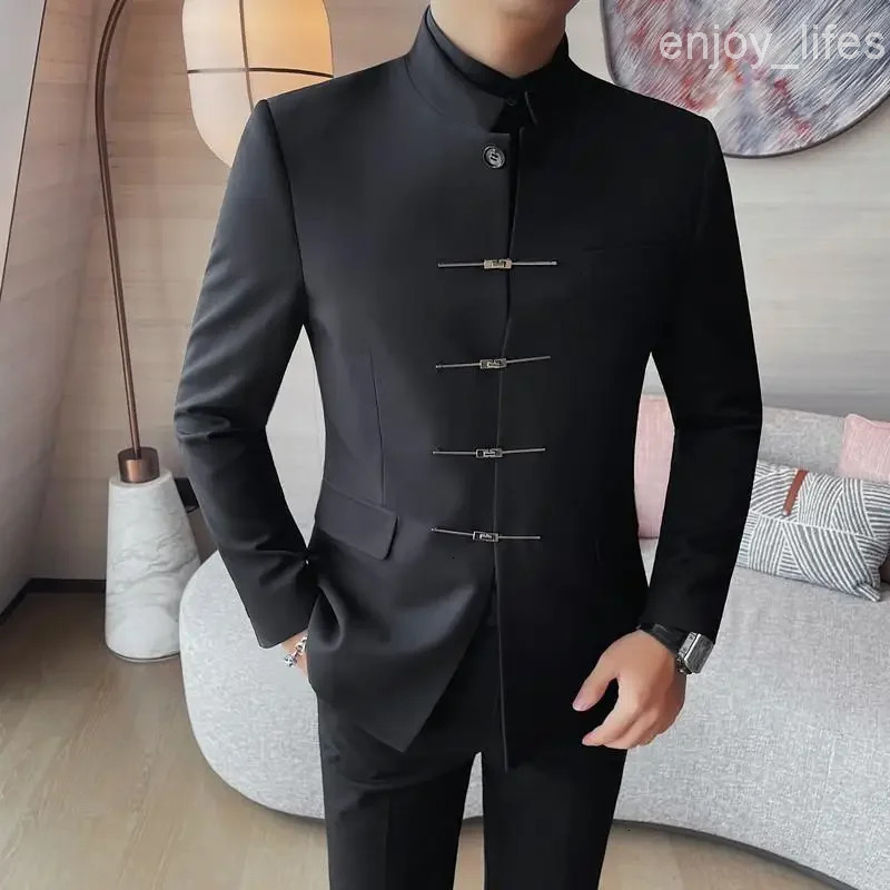 Chinese Style Stand Up Collar Suit Jacket for Men High Quality Mens Slim Fit Casual Social Wedding Dress Coat Mens Clothing