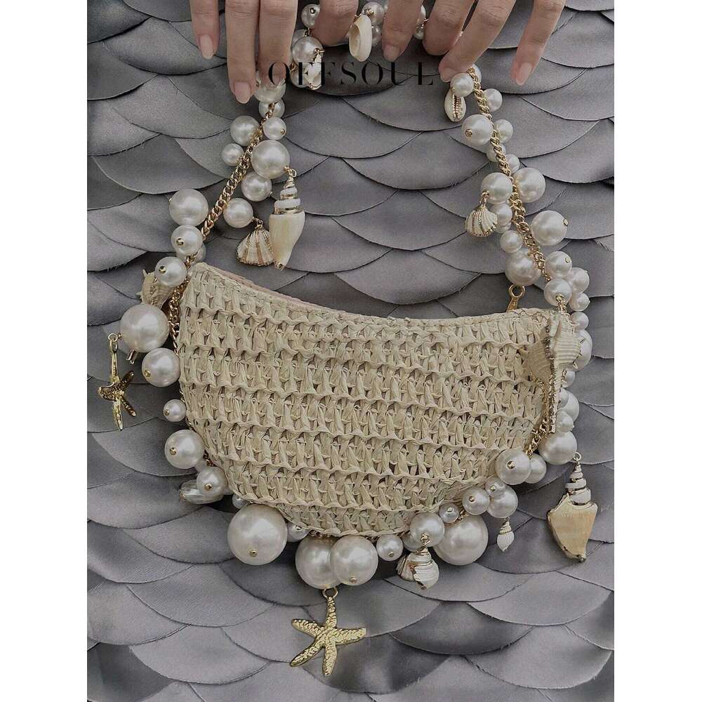 The Handcrafted French-Style Holiday Straw Bag with a Seashell Design, to Be Worn over Shoulder under the Arm