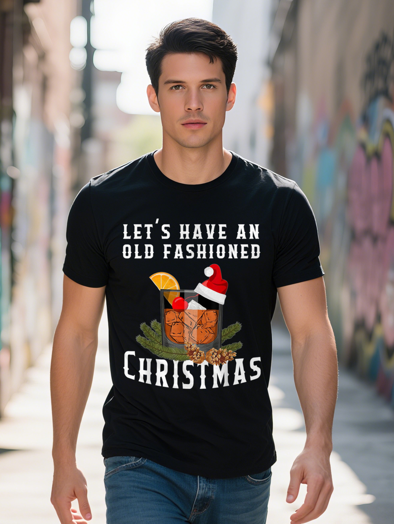Men's 100% Cotton T-Shirt - Vintage Christmas Bourbon Cocktail Pattern, Fun Beverage Design, Short Sleeve, Crew Neck, Machine Washable