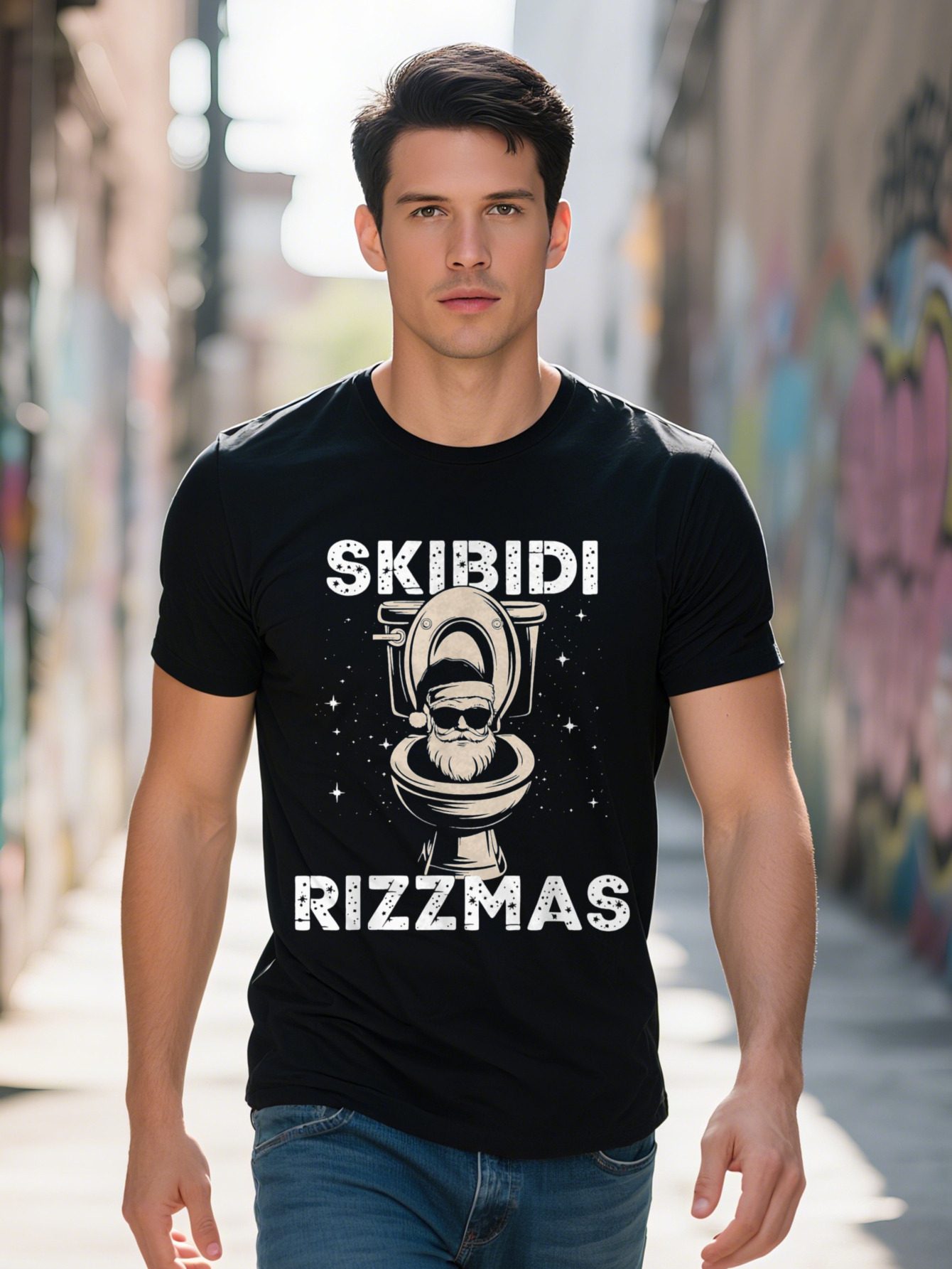 Men s Skibidi Rizzmas Funny Toilet Santa Graphic T-Shirt Cotton Crew Neck Short Sleeve Regular Fit All Seasons