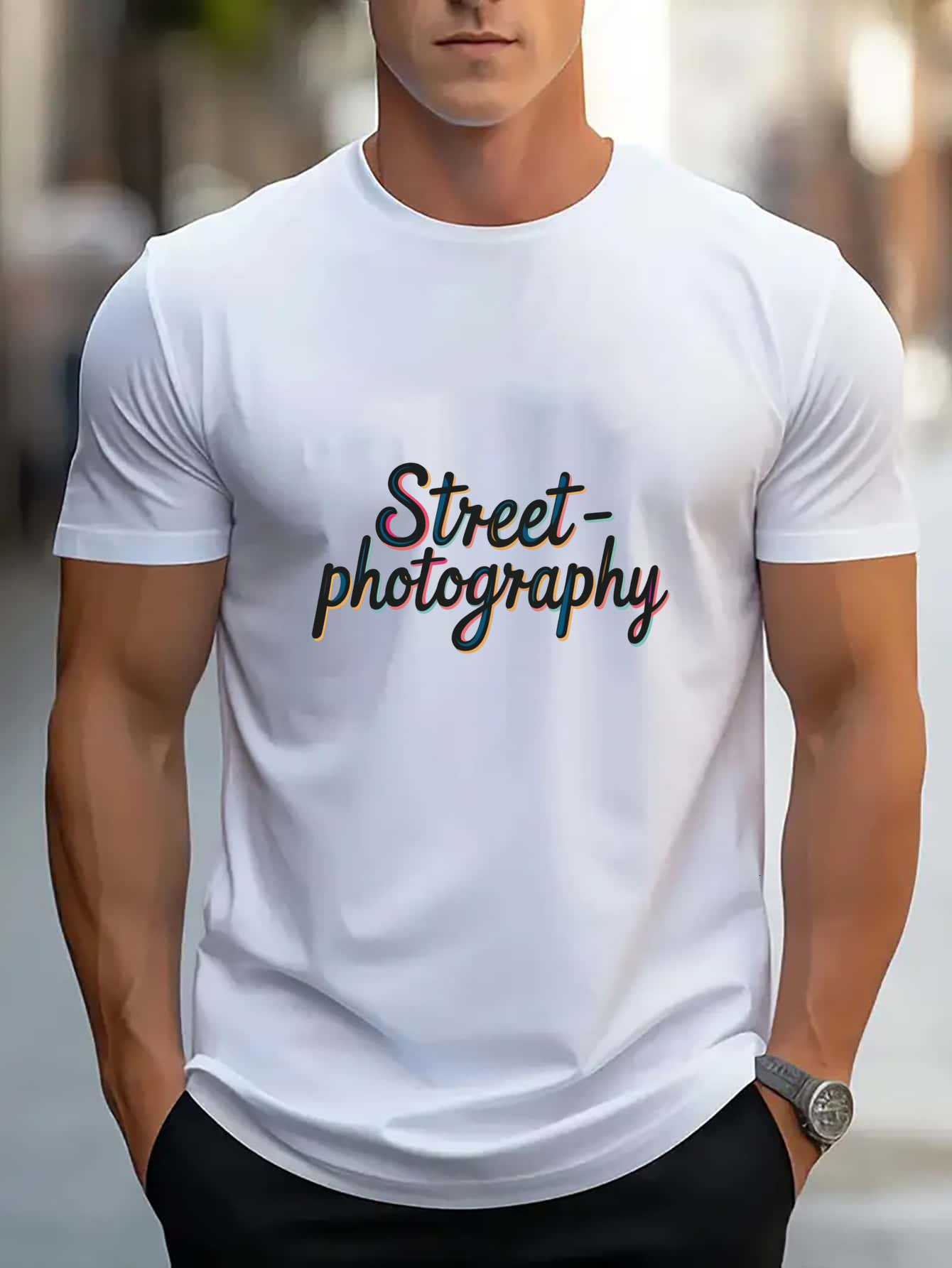 Vibe White Short Sleeve T Shirt with Colorful Street Photography Print Fit Shooting Days Perfect for Showing Photographer Charm Anywhere