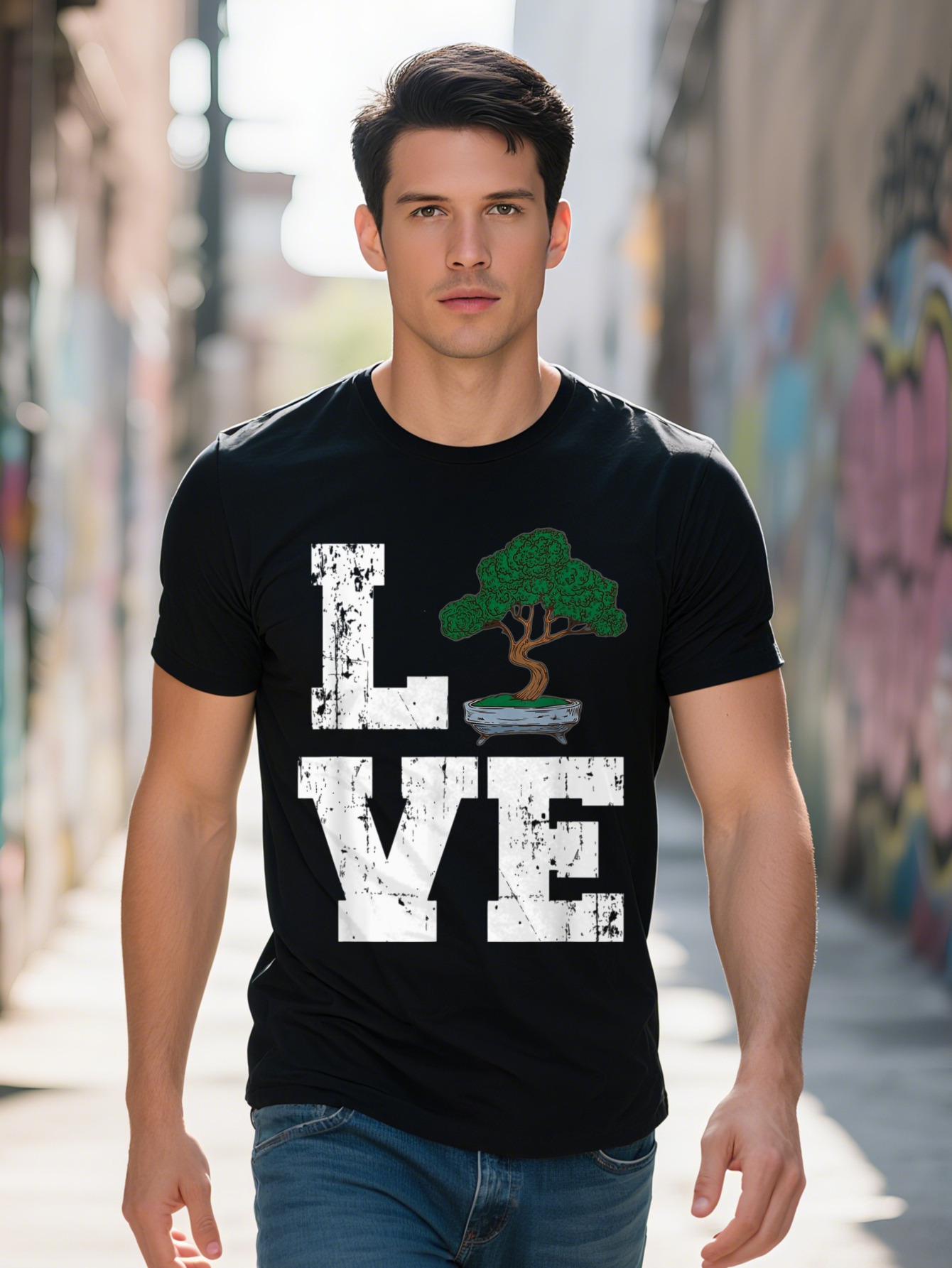 Men s Cotton T Shirt with Fun LOVE Bonsai Tree Design Short Sleeve Round Neck, Washable, Perfect for Casual